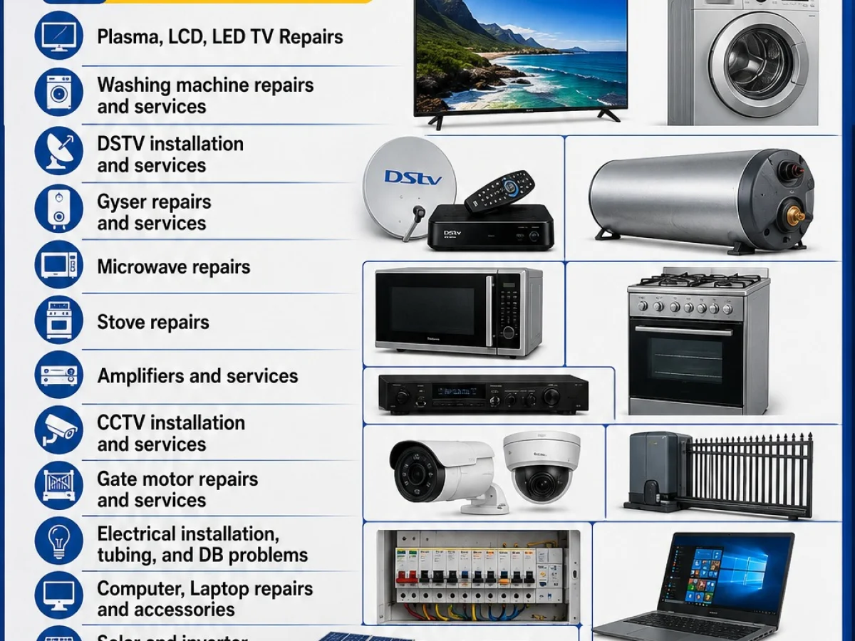 T-tronics Appliances — TV repairs, microwave, washing machine, amplifier, solar installation, DSTV installation, inverter repairs, DB repairs